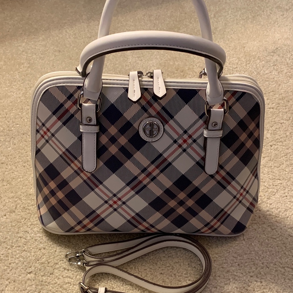 Giani Bernini Plaid(White,Blue,Beige,Red)Dome Satchel/Shoulder Bag Faux Leather